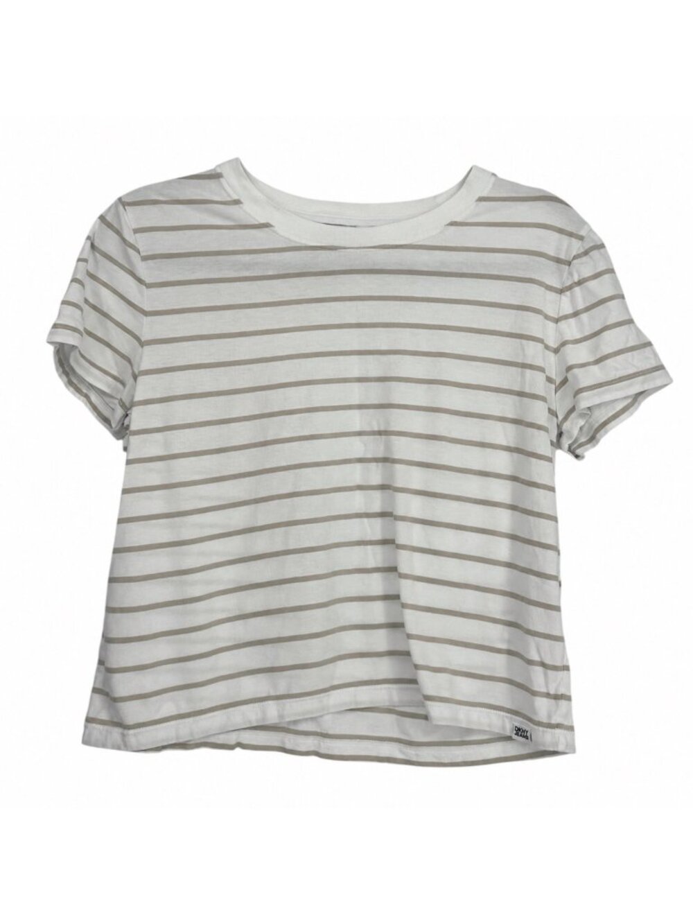 DKNY Jeans Shirt Petite Medium White Tan Striped Cotton Boxy Crop Tee Retro Y2K
